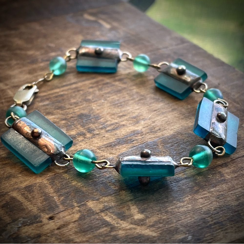 Artisan bracelet antique copper teal glass 14KGF clasp